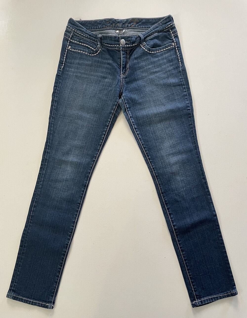 Women's Seven7 Straight Skinny Blue Jeans Embroidered Low Rise Size 30